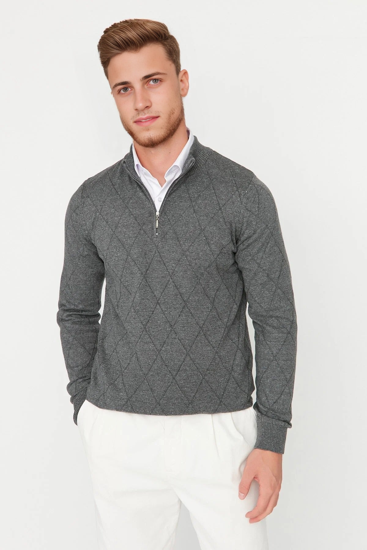 Slim Fit Half Turtleneck Zippered Collar Knit Sweater