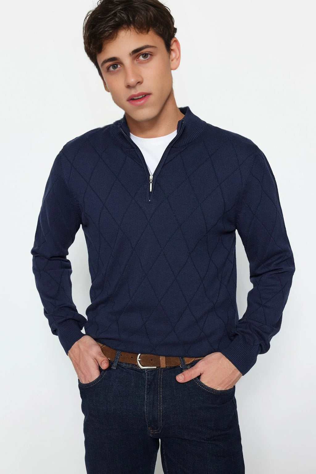 Slim Fit Half Turtleneck Zippered Collar Knit Sweater