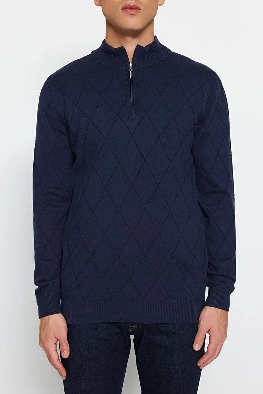 Slim Fit Half Turtleneck Zippered Collar Knit Sweater