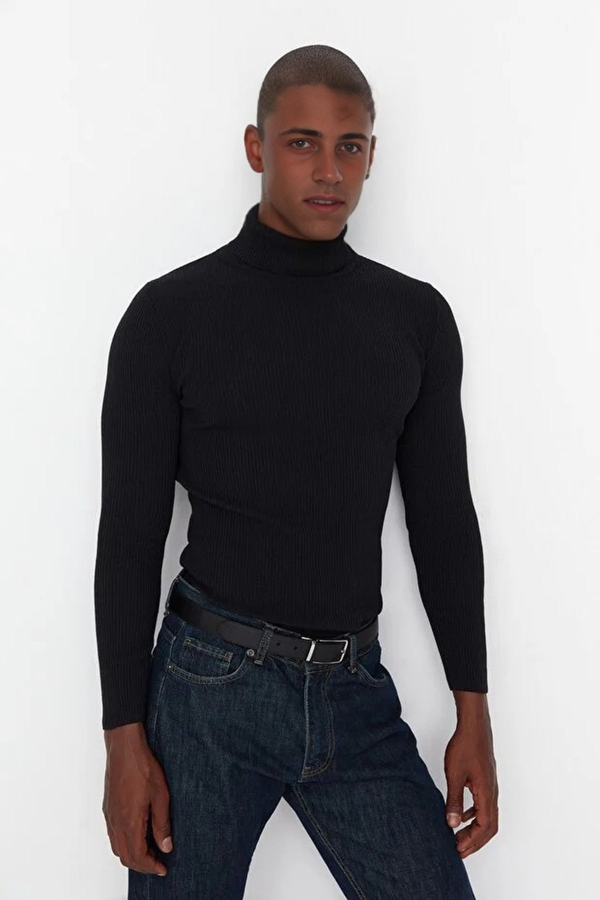 Slim Fit Turtleneck Ribbed Knit Sweater