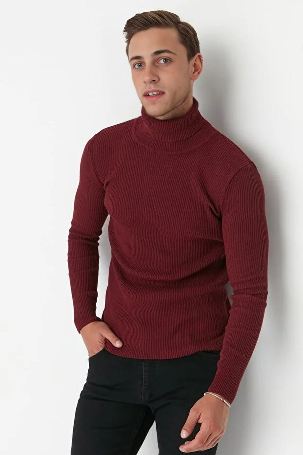 Slim Fit Turtleneck Ribbed Knit Sweater