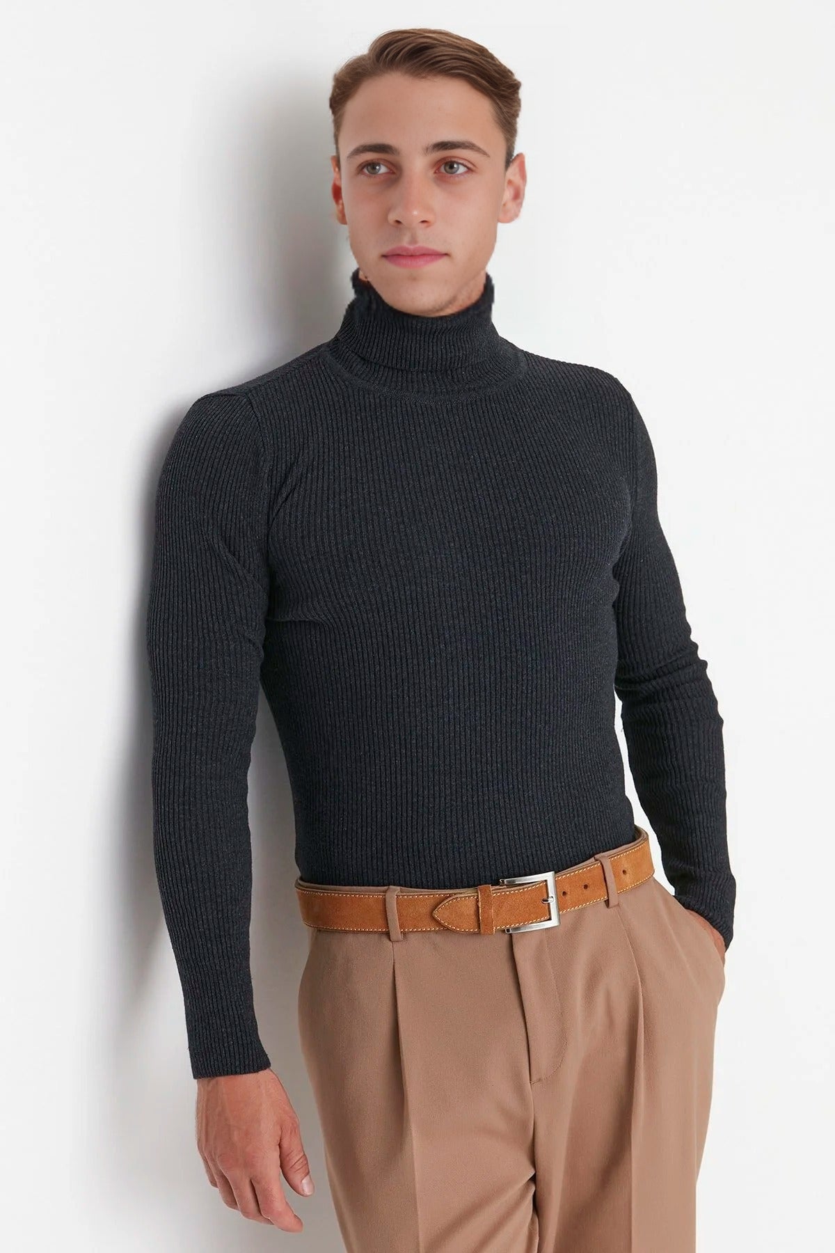 Slim Fit Turtleneck Ribbed Knit Sweater