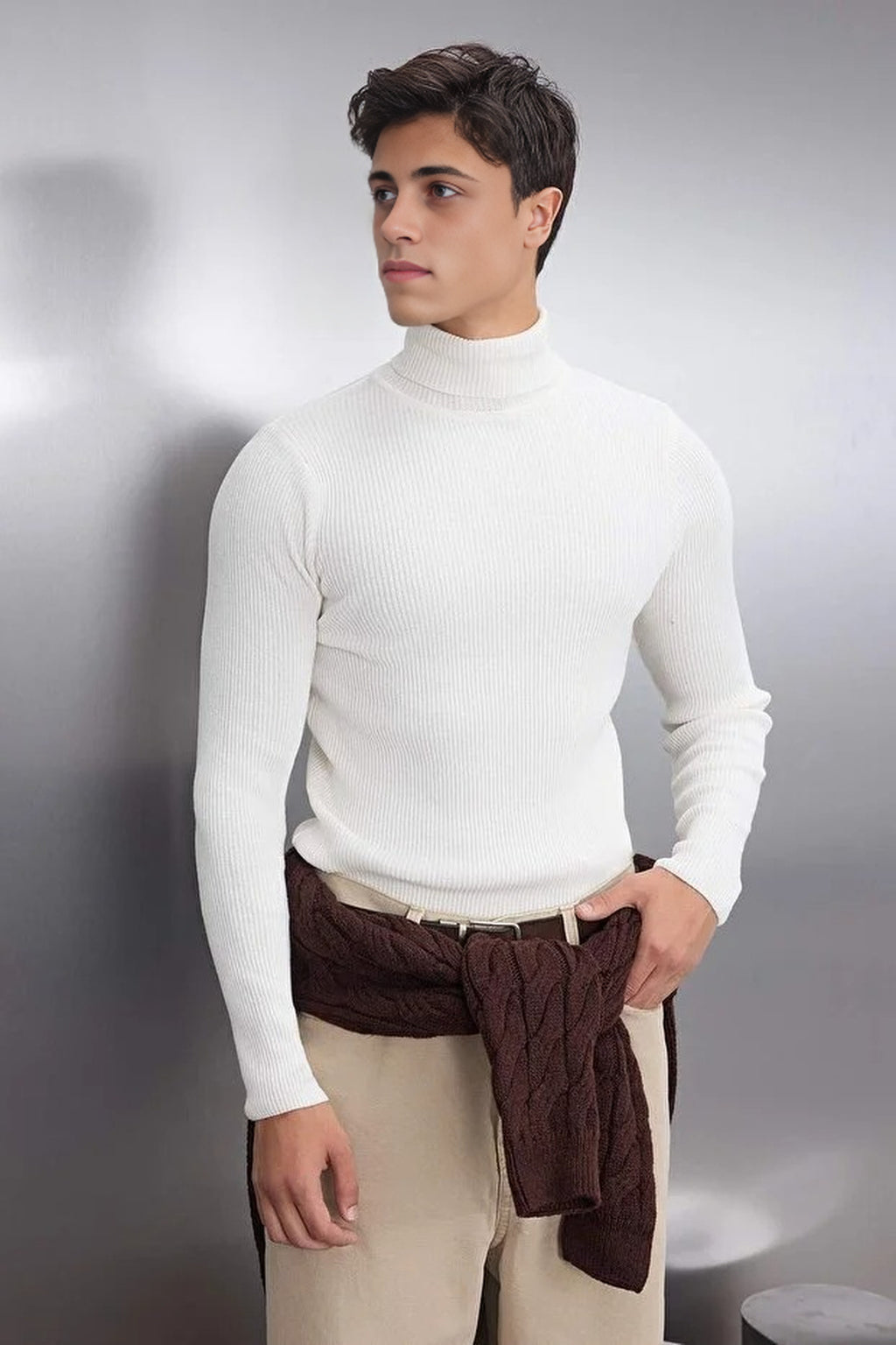 Slim Fit Turtleneck Ribbed Knit Sweater