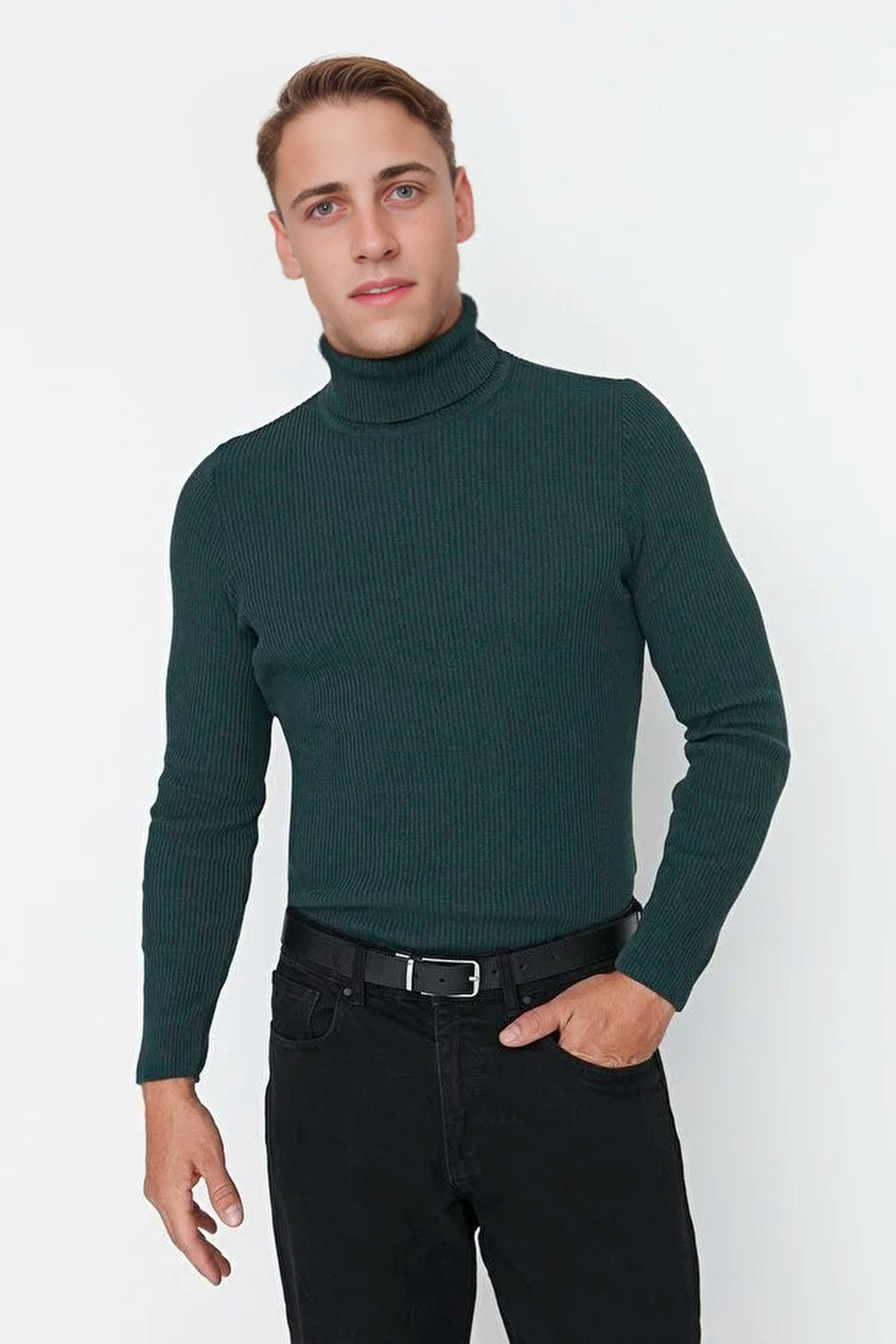 Slim Fit Turtleneck Ribbed Knit Sweater