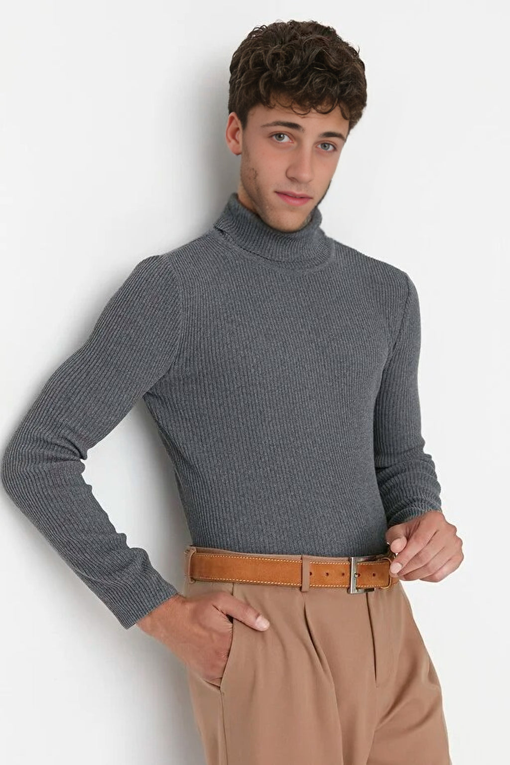 Slim Fit Turtleneck Ribbed Knit Sweater