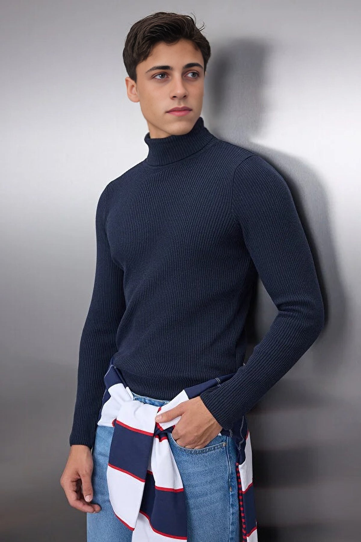 Slim Fit Turtleneck Ribbed Knit Sweater