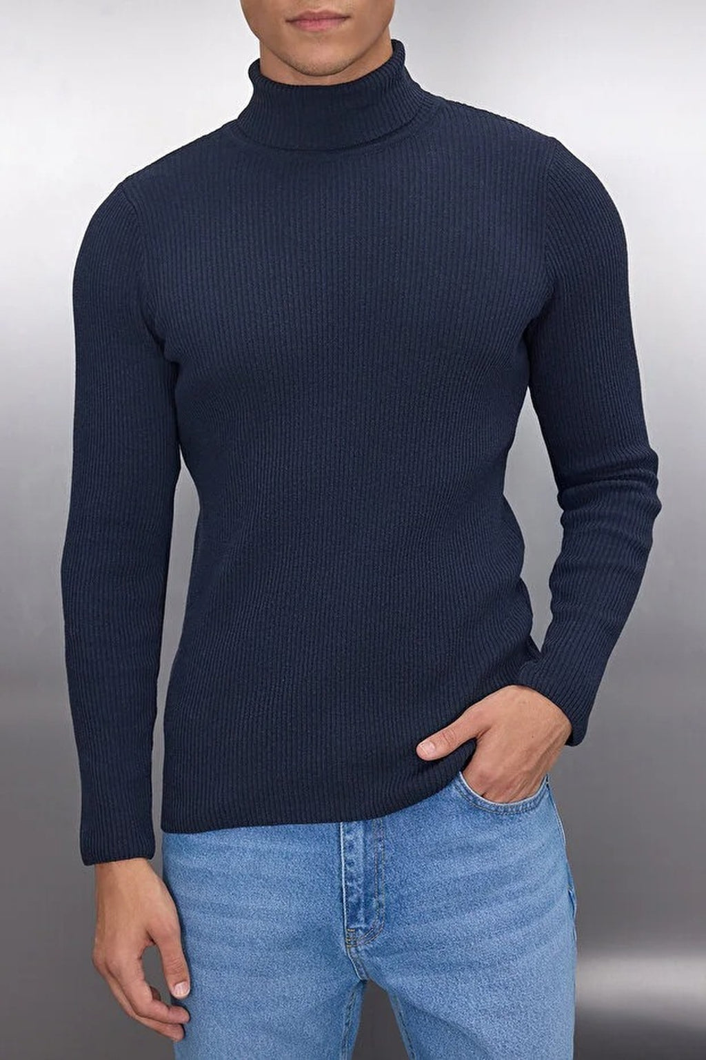 Slim Fit Turtleneck Ribbed Knit Sweater