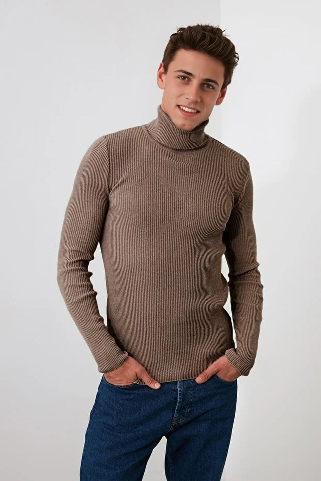 Slim Fit Turtleneck Ribbed Knit Sweater