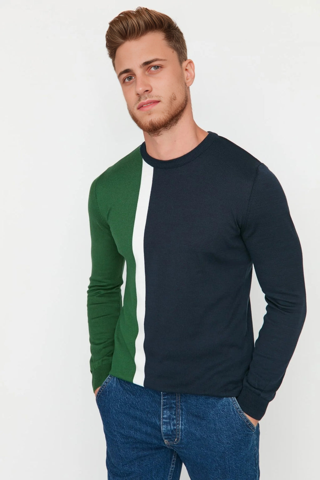 Crew Neck Color Block Knit Sweater
