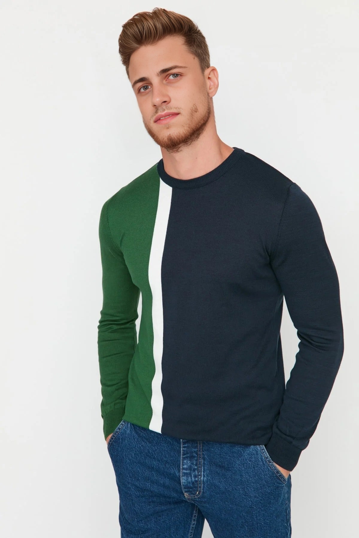 Crew Neck Color Block Knit Sweater