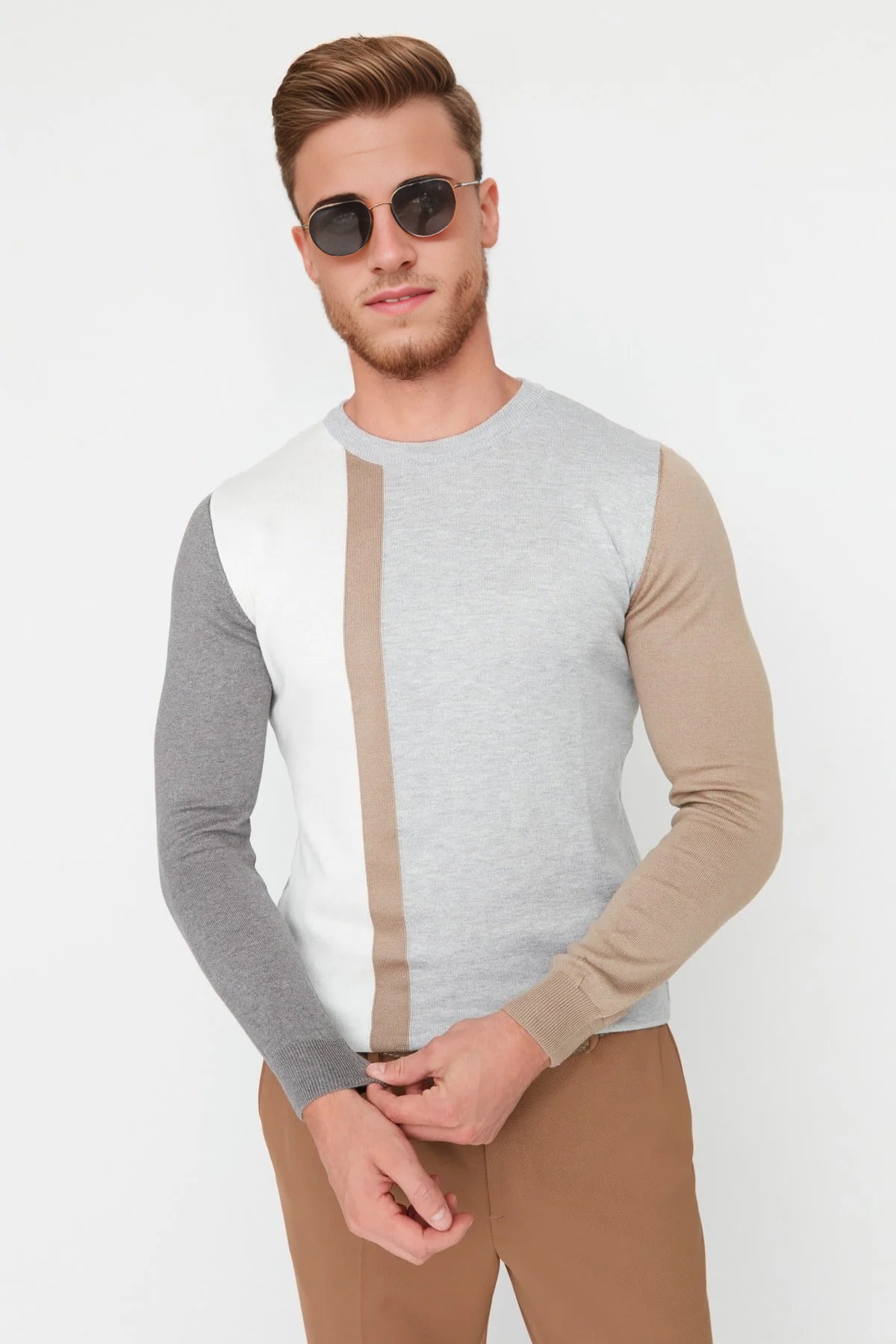 Crew Neck Color Block Knit Sweater