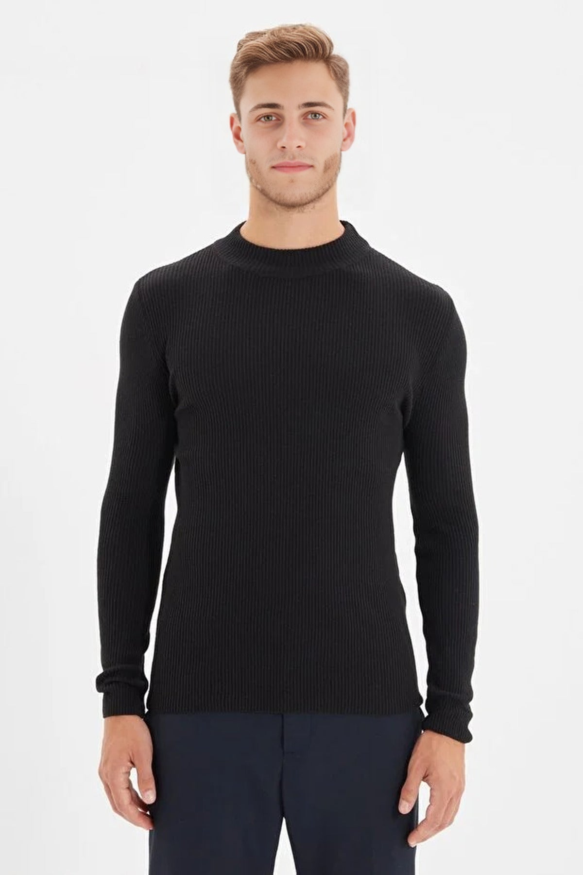 Half Turtleneck Ribbed Knit Sweater