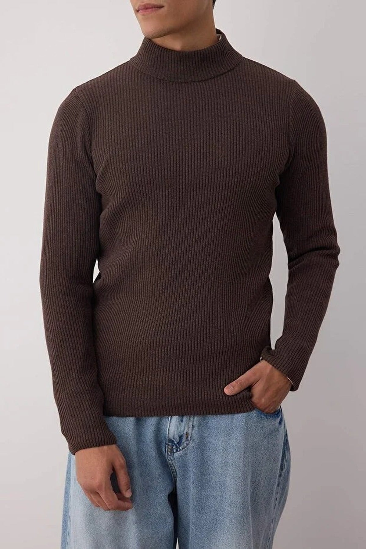 Half Turtleneck Ribbed Knit Sweater