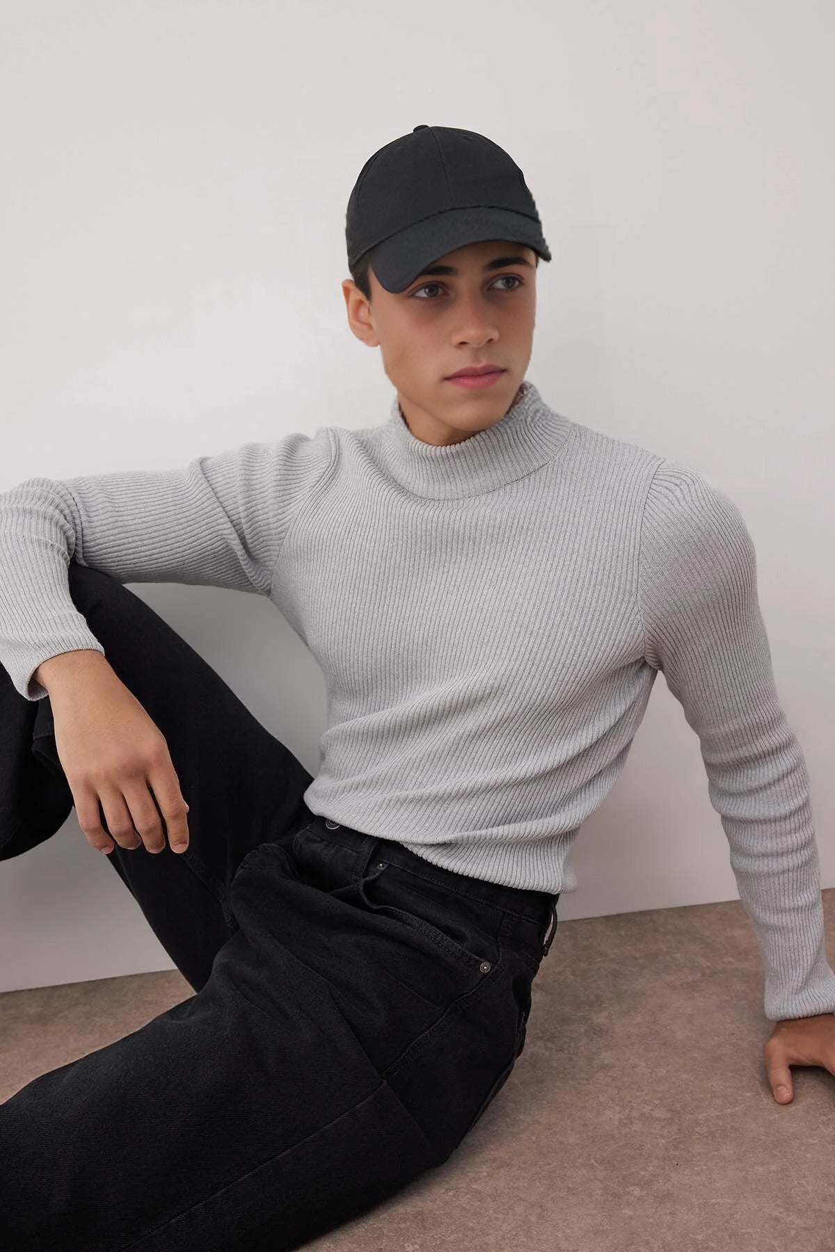 Half Turtleneck Ribbed Knit Sweater