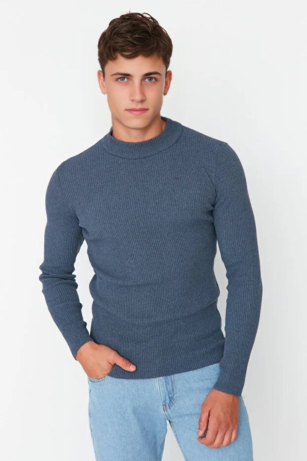 Half Turtleneck Ribbed Knit Sweater