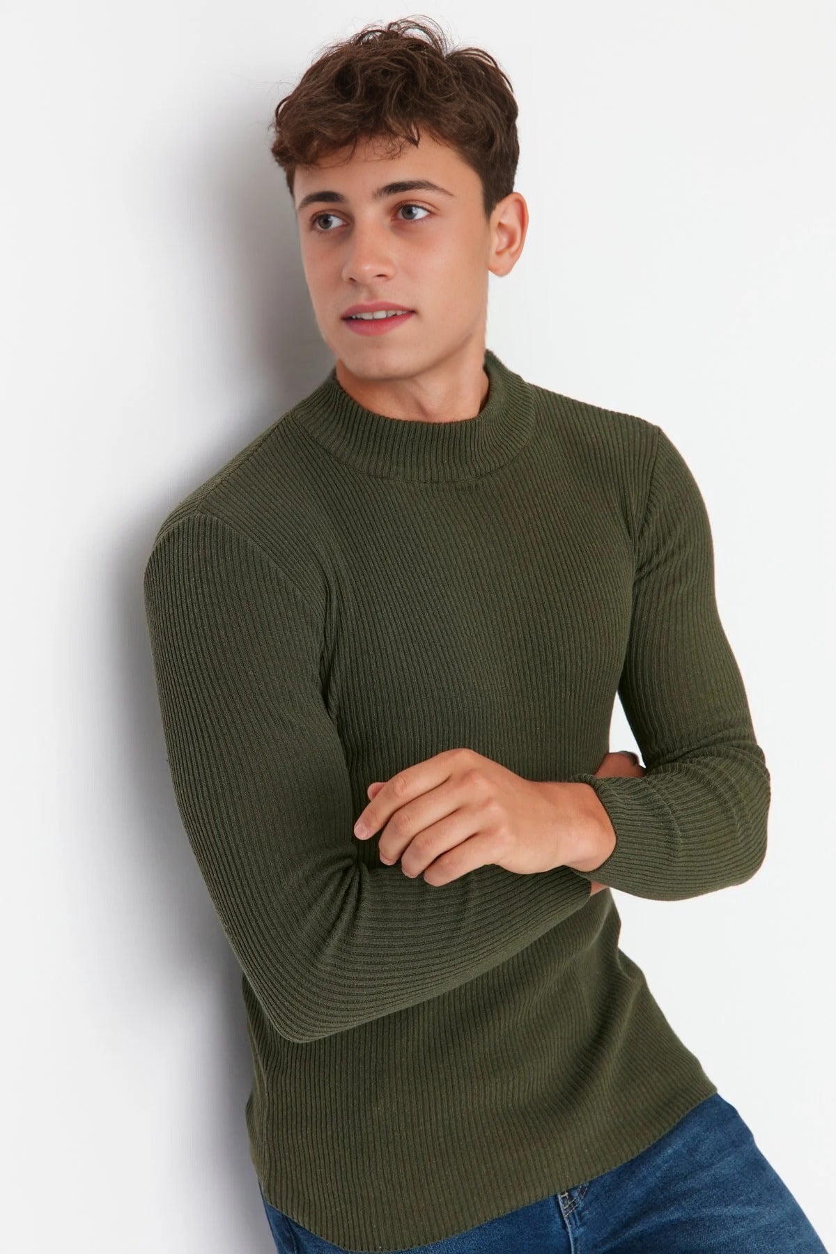 Half Turtleneck Ribbed Knit Sweater