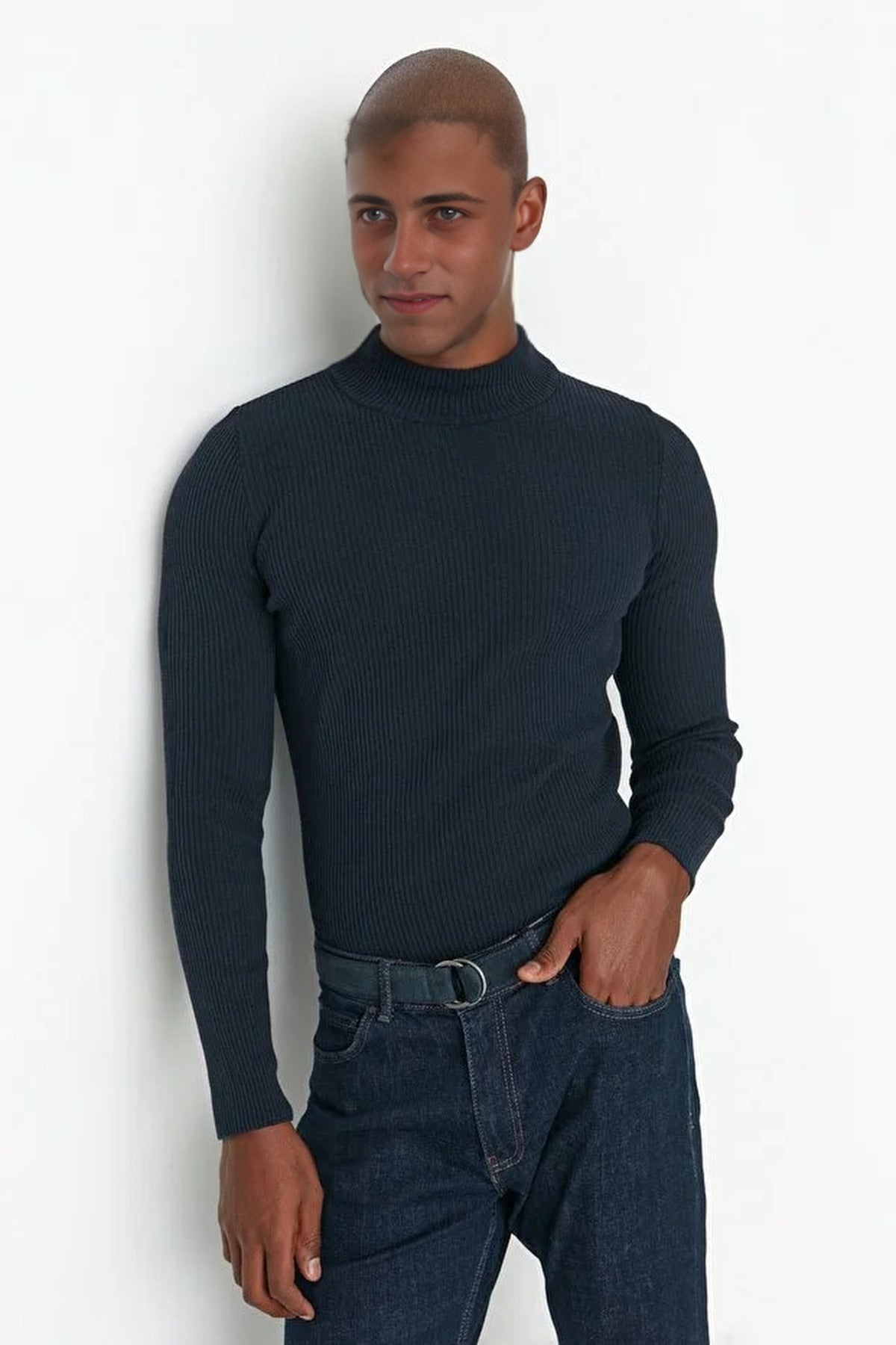 Half Turtleneck Ribbed Knit Sweater