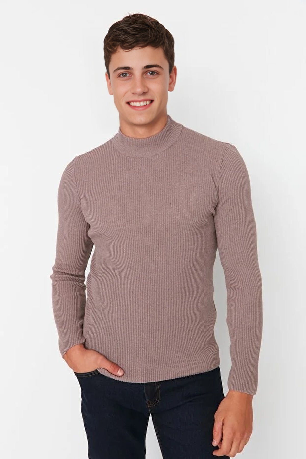 Half Turtleneck Ribbed Knit Sweater