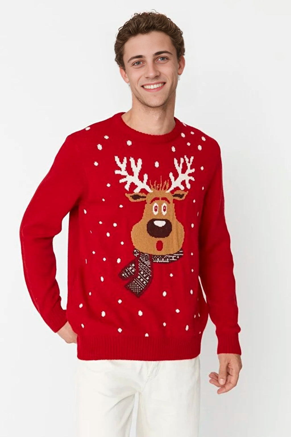 Crew Neck Deer Patterned Christmas Knit Sweater