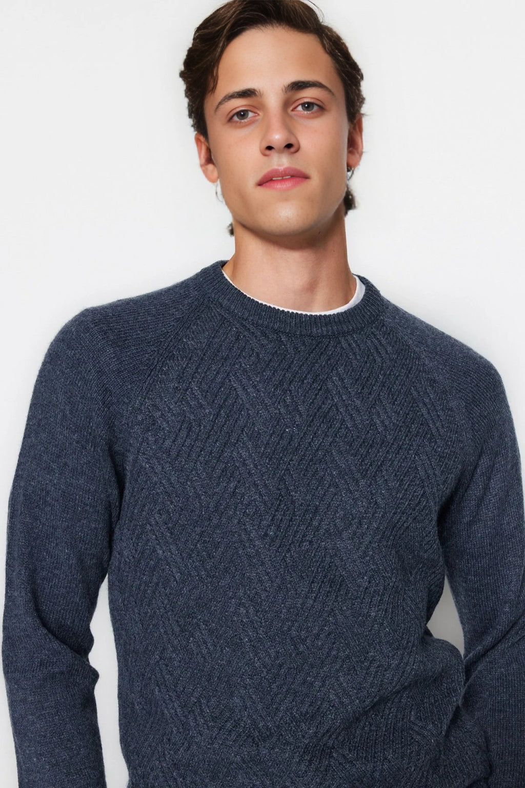Crew Neck Raglan Sleeve Textured Knit Sweater