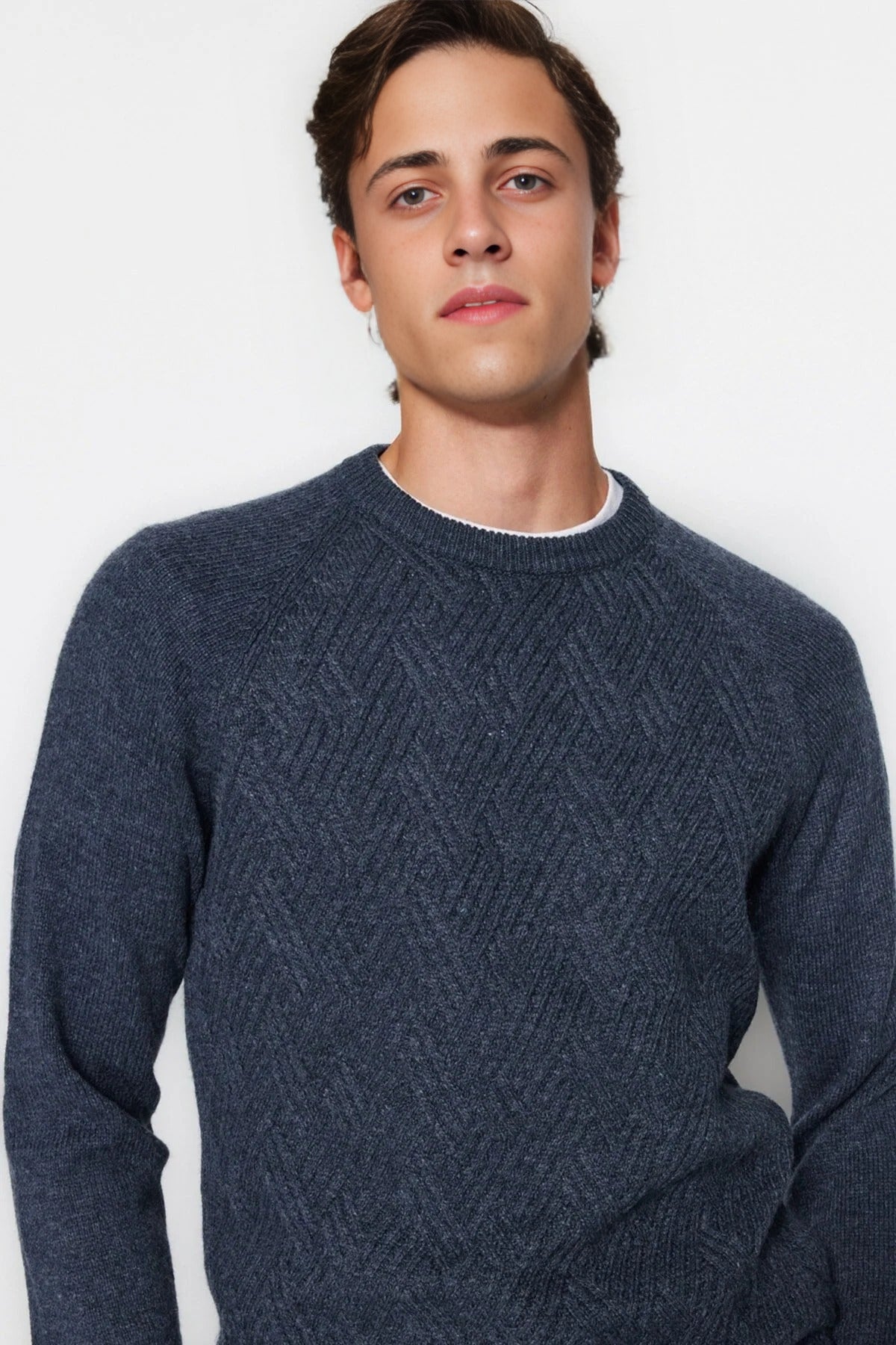 Crew Neck Raglan Sleeve Textured Knit Sweater