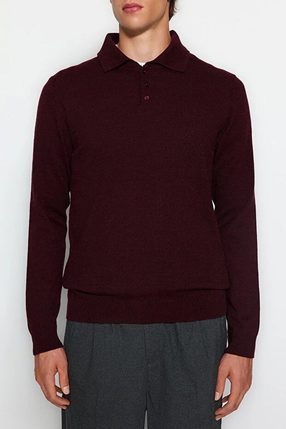 Polo Neck Buttoned Smart Knit Sweater