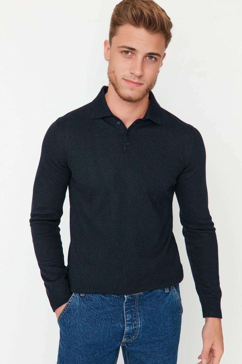 Polo Neck Buttoned Smart Knit Sweater