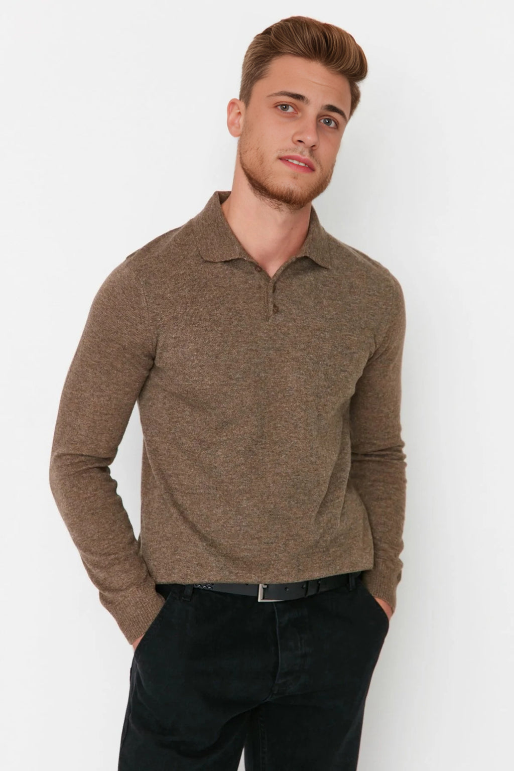 Polo Neck Buttoned Smart Knit Sweater