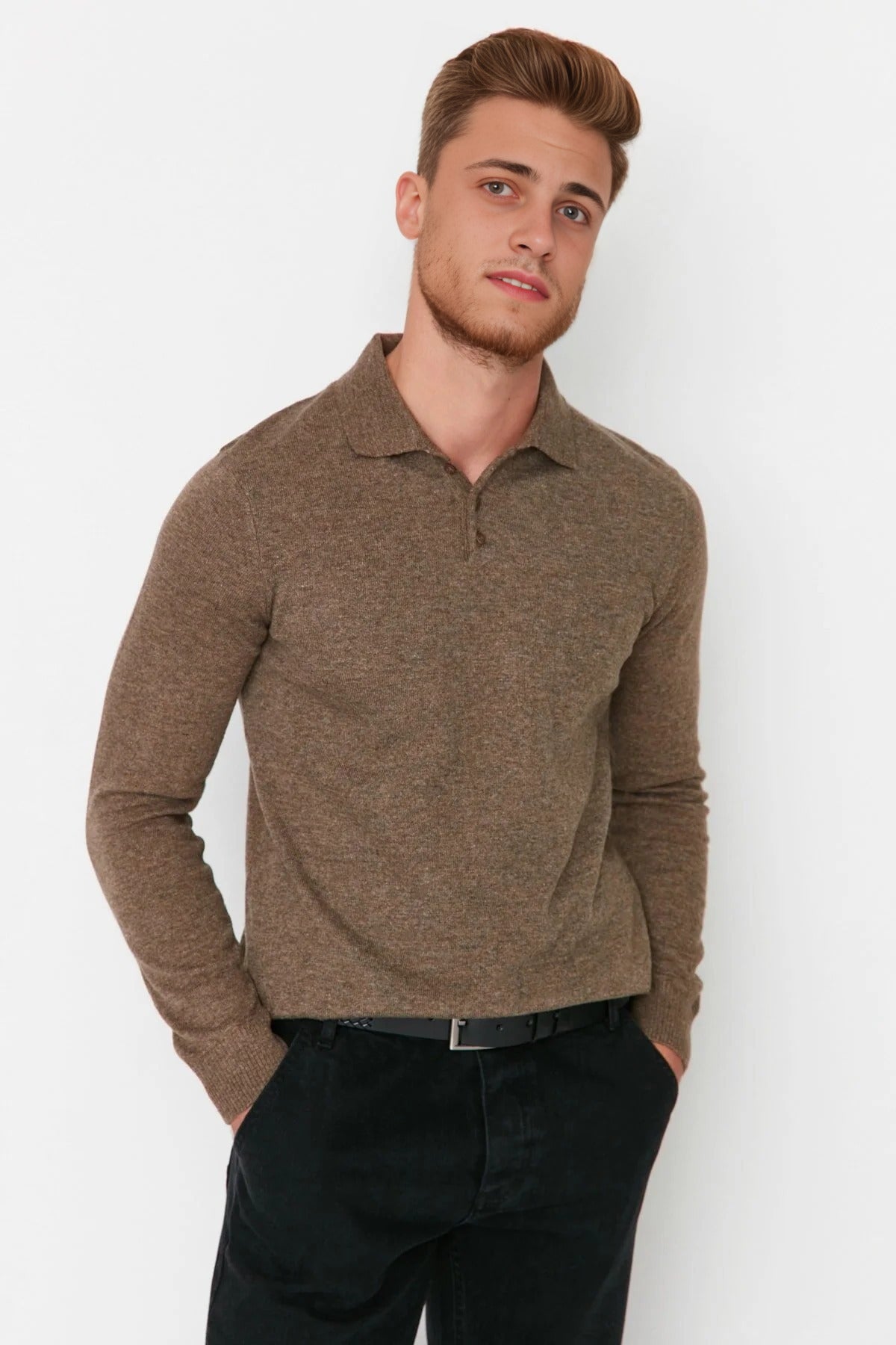 Polo Neck Buttoned Smart Knit Sweater