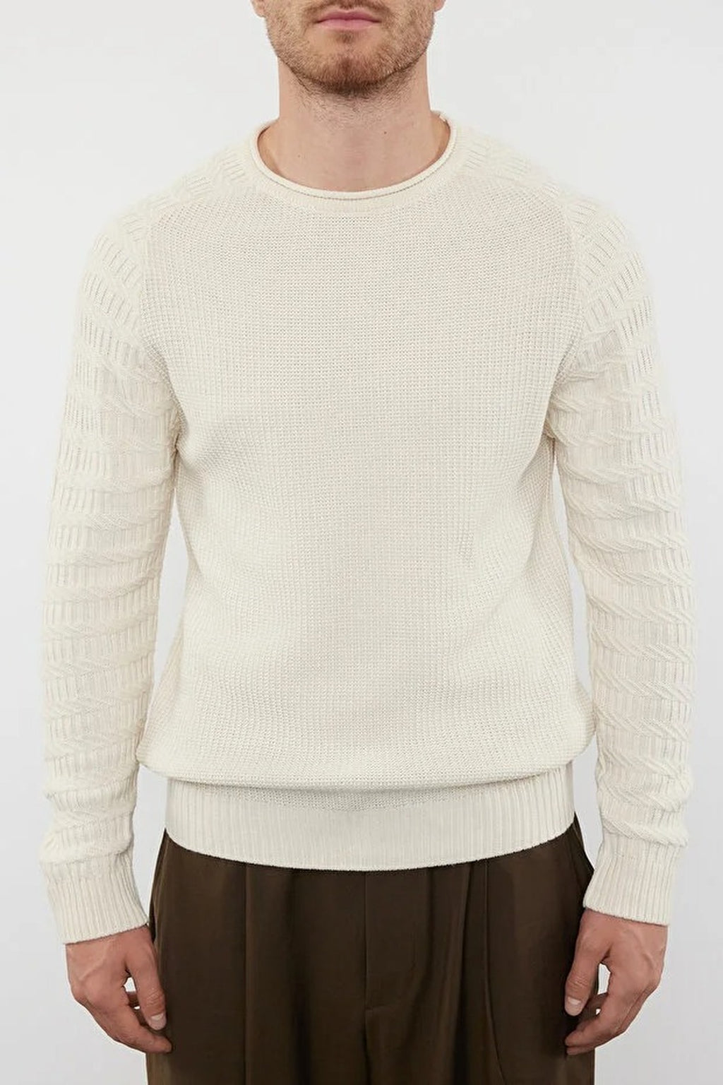Crew Neck Textured Raglan Sleeve Knit Sweater