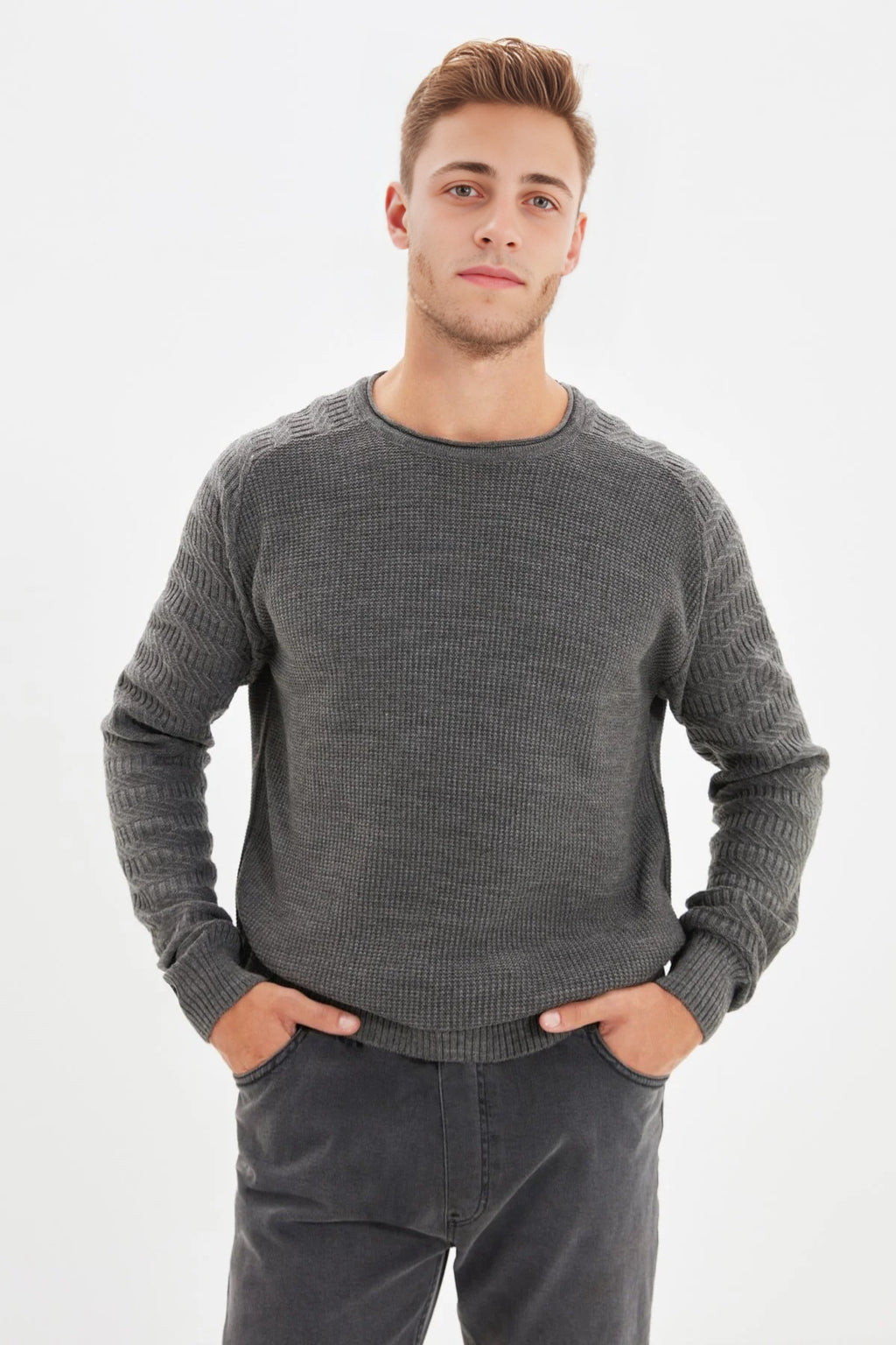 Crew Neck Textured Raglan Sleeve Knit Sweater