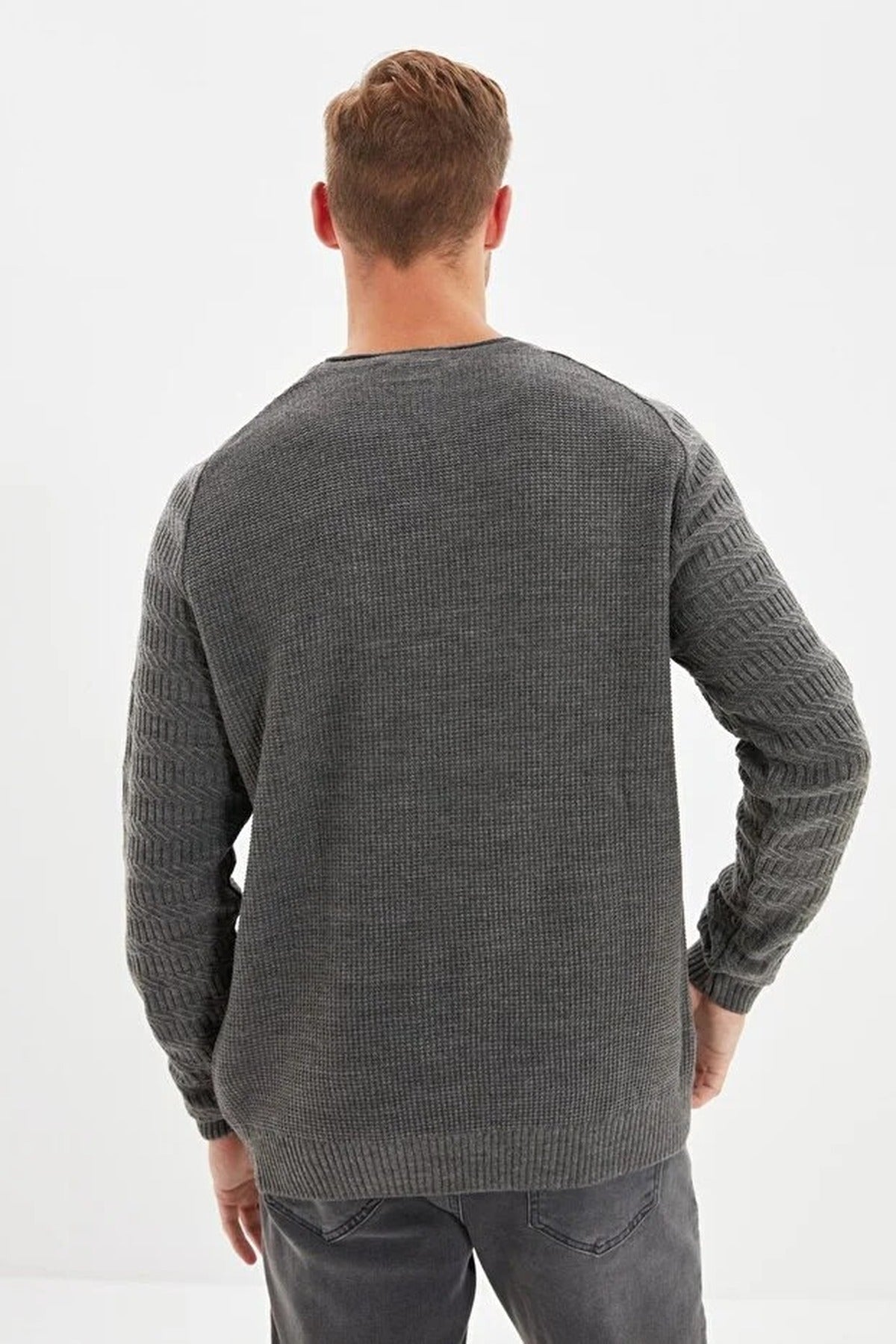 Crew Neck Textured Raglan Sleeve Knit Sweater