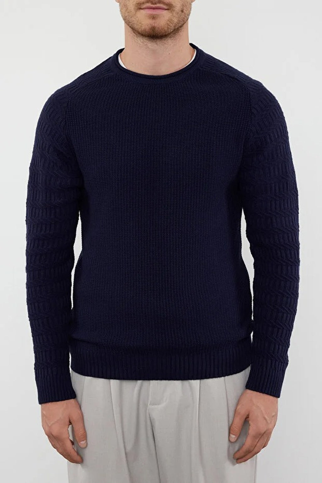 Crew Neck Textured Raglan Sleeve Knit Sweater