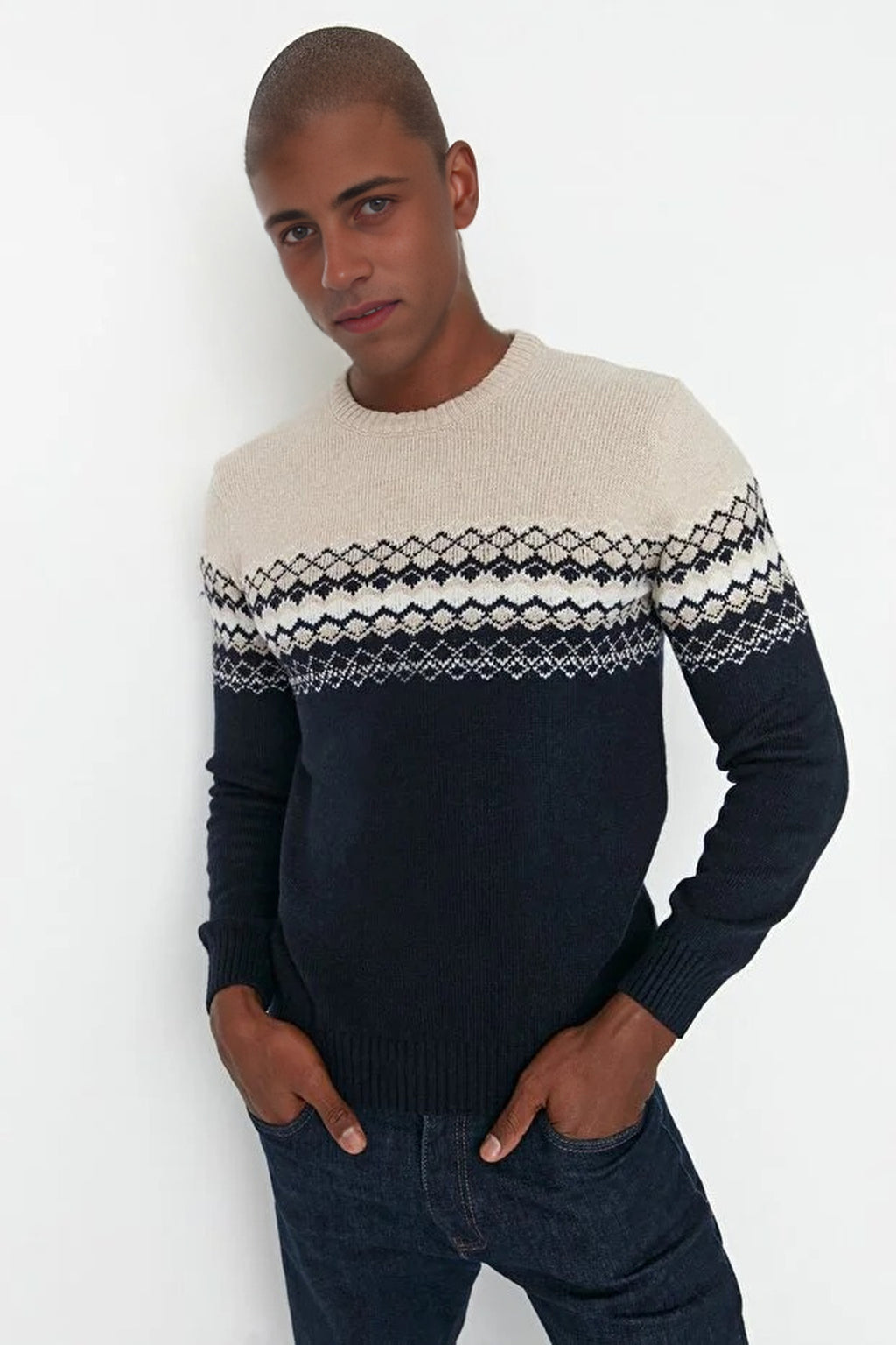 Crew Neck Ethnic Knit Sweater
