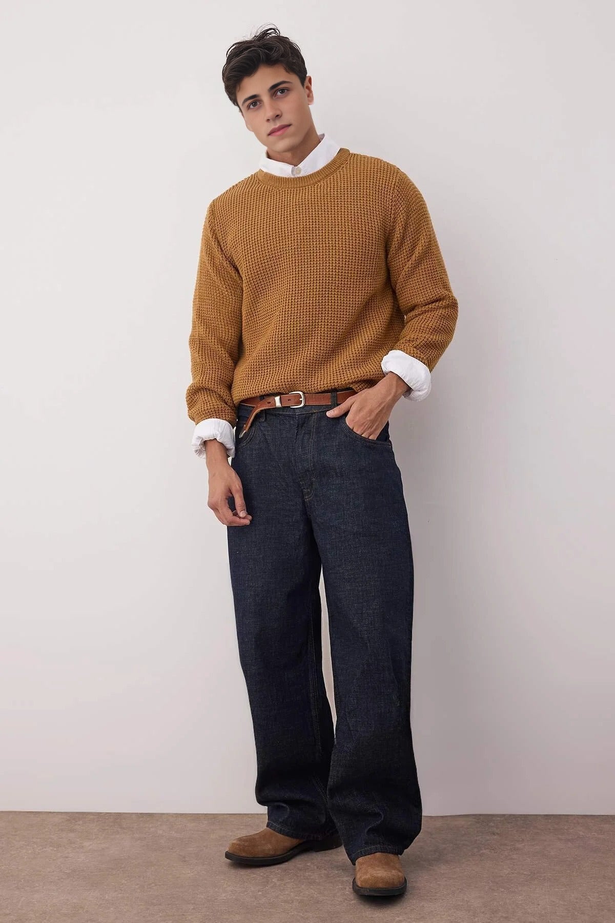 Crew Neck Textured Basic Knit Sweater