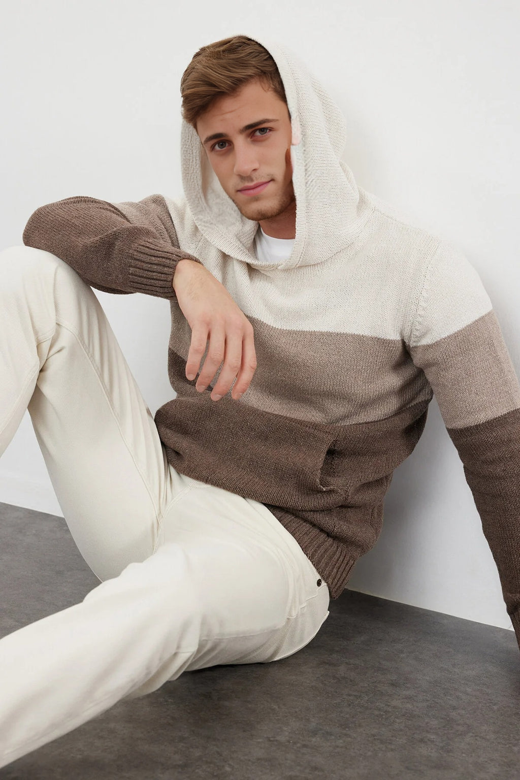 Color Block Knit Sweater with Hood