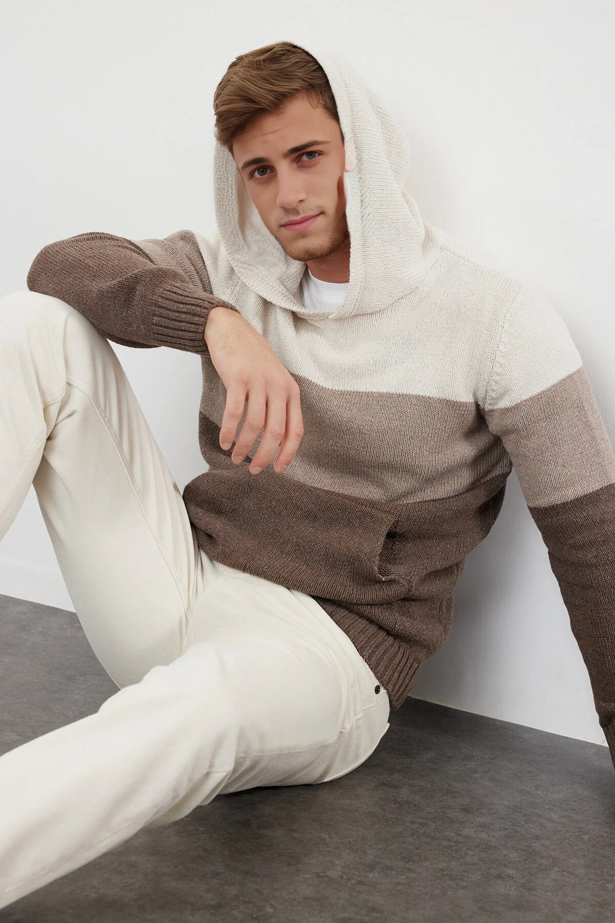 Color Block Knit Sweater with Hood