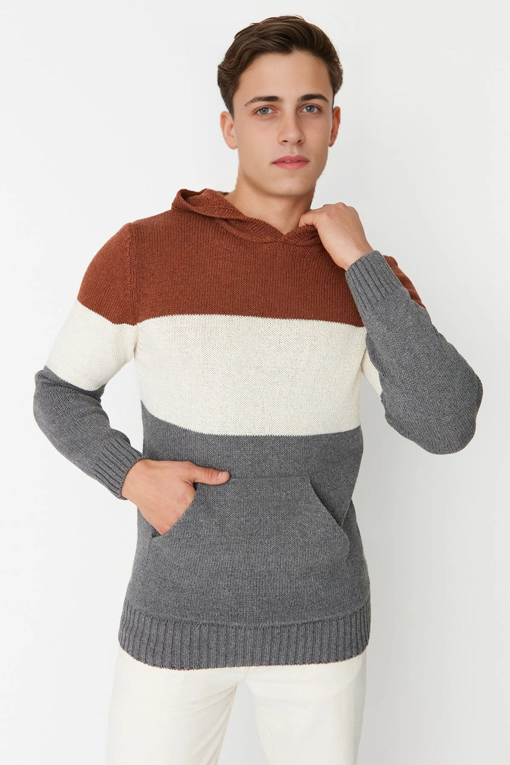 Color Block Knit Sweater with Hood