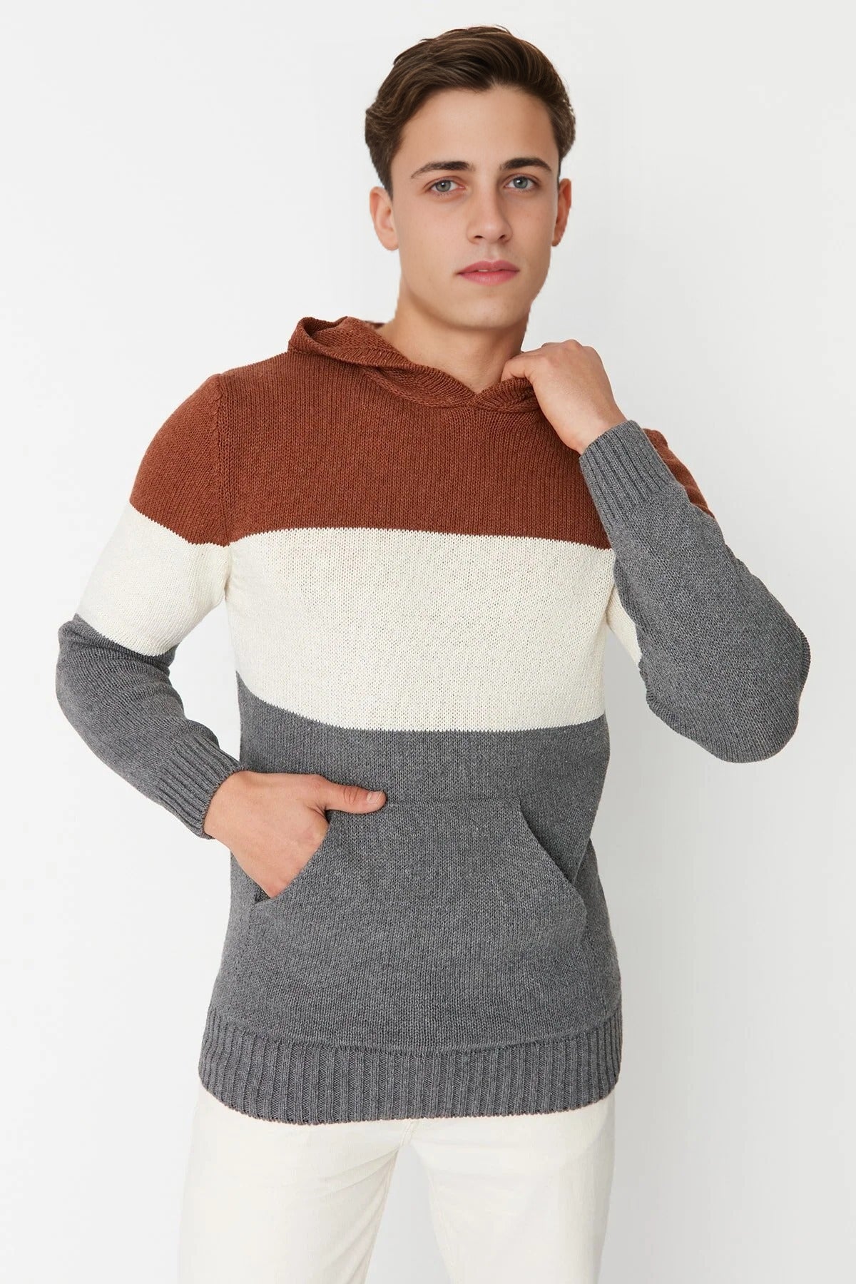 Color Block Knit Sweater with Hood