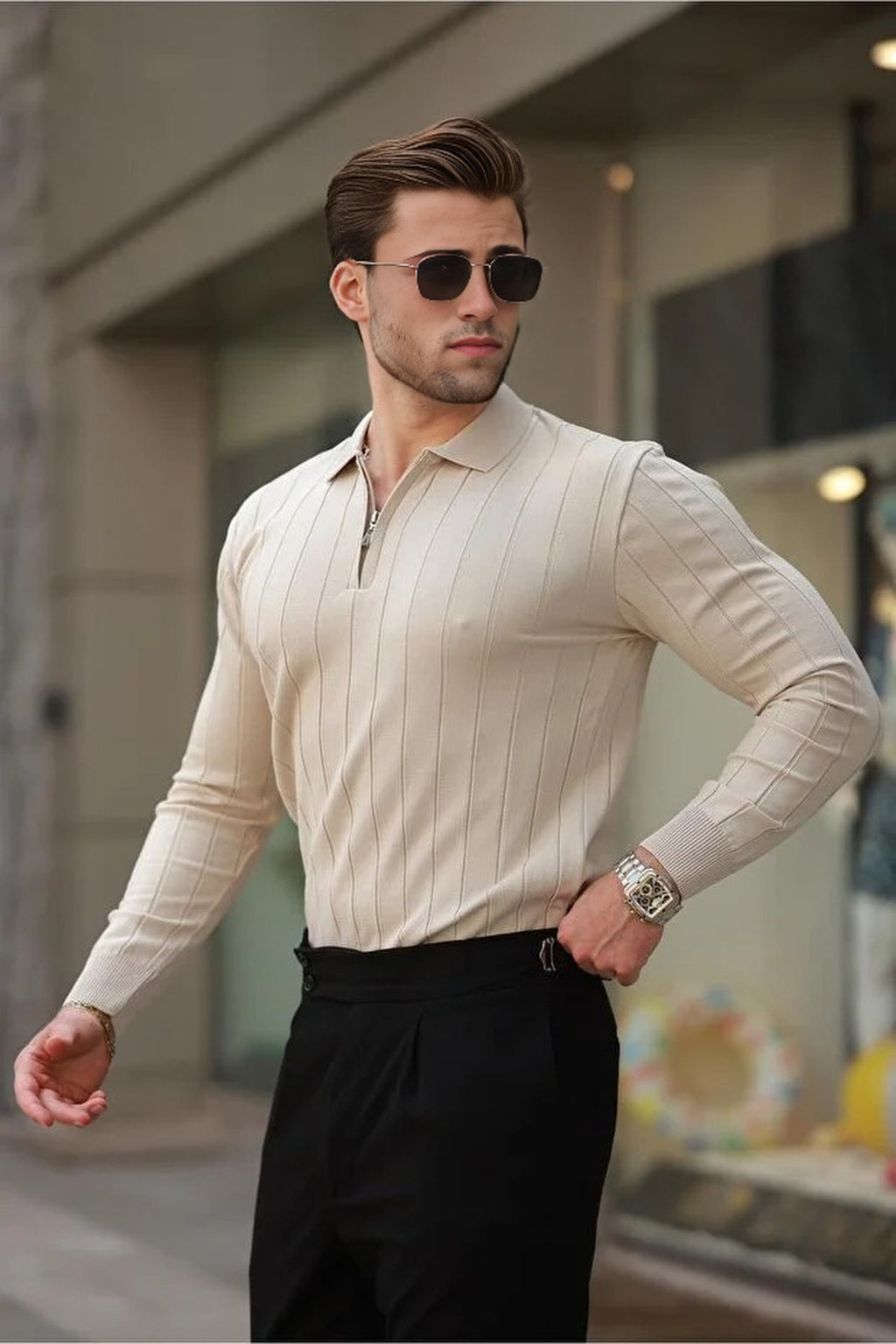 Polo Collar Zippered Knit Sweater