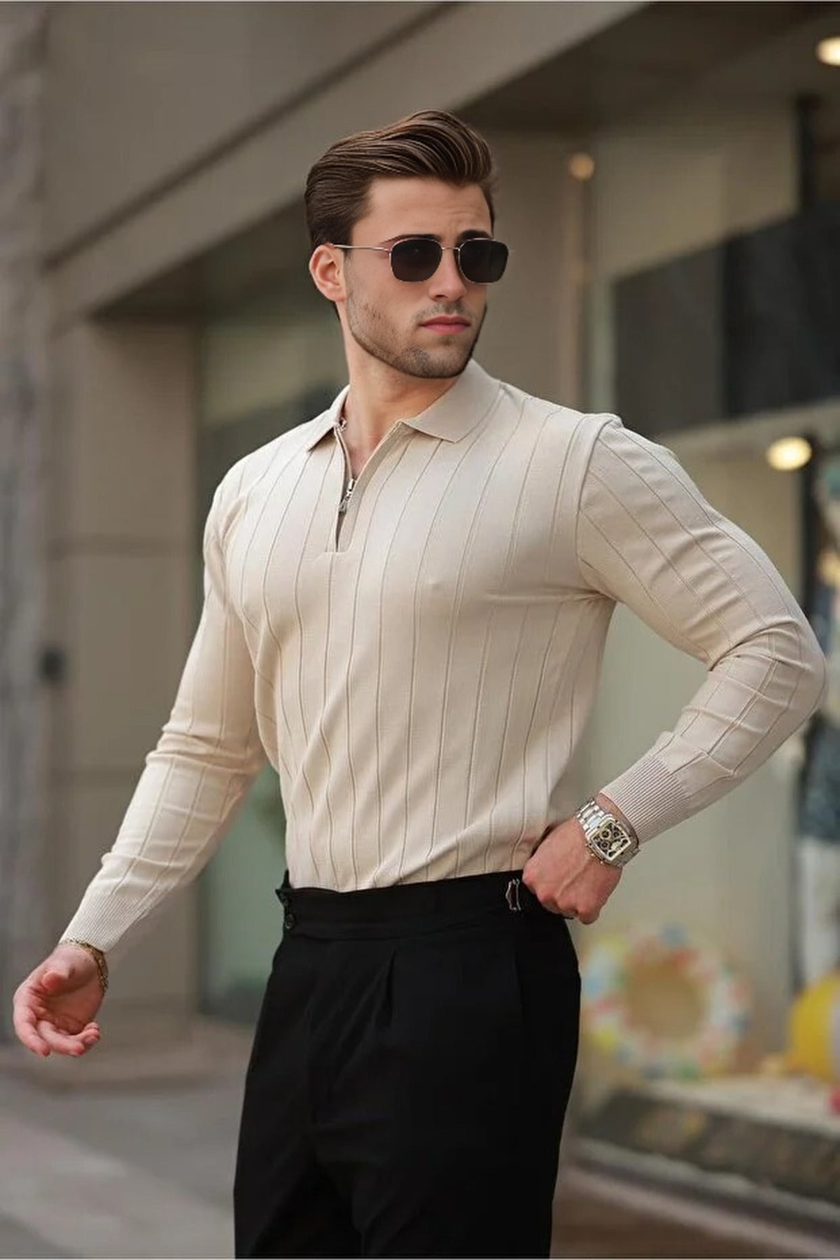 Polo Collar Zippered Knit Sweater