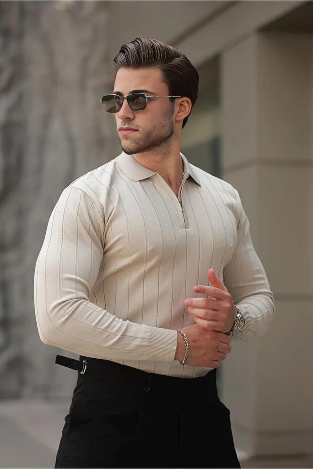 Polo Collar Zippered Knit Sweater