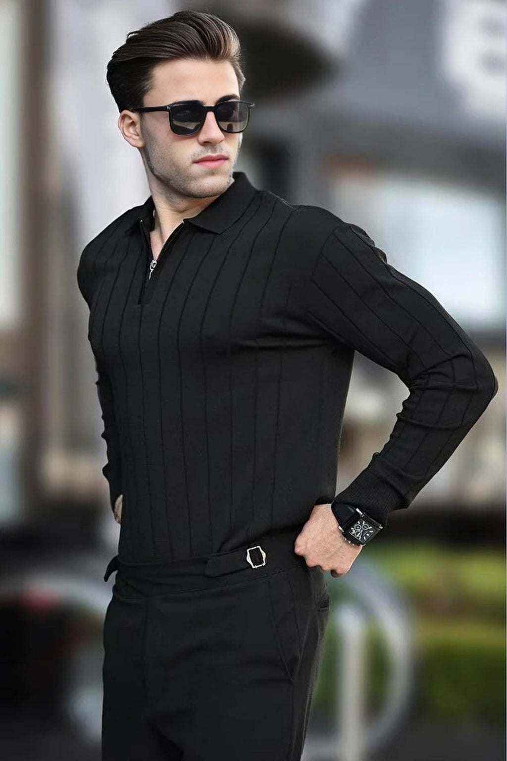 Polo Collar Zippered Knit Sweater