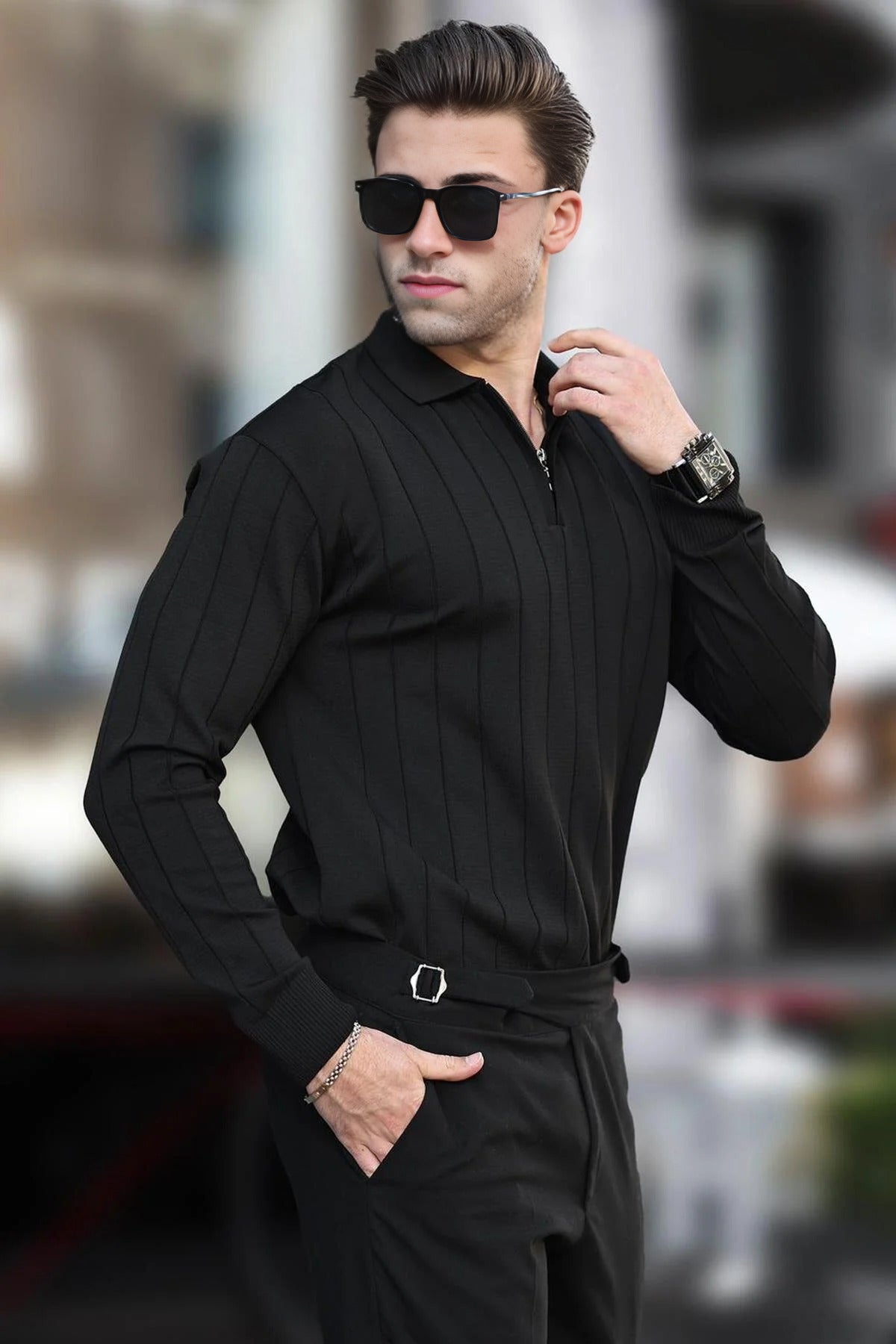 Polo Collar Zippered Knit Sweater