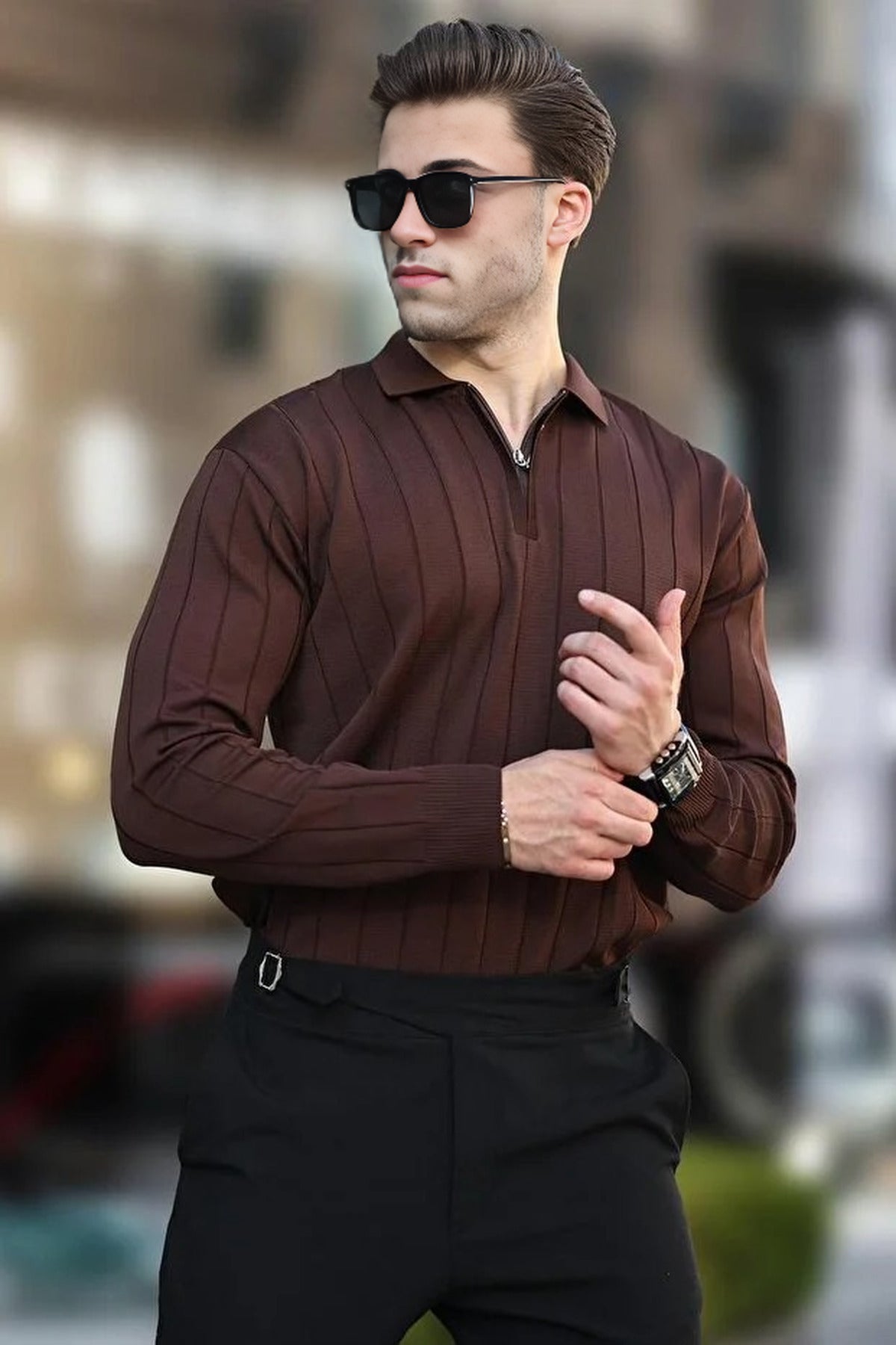 Polo Collar Zippered Knit Sweater