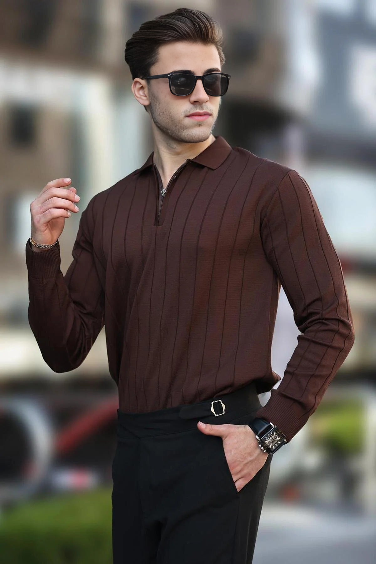 Polo Collar Zippered Knit Sweater