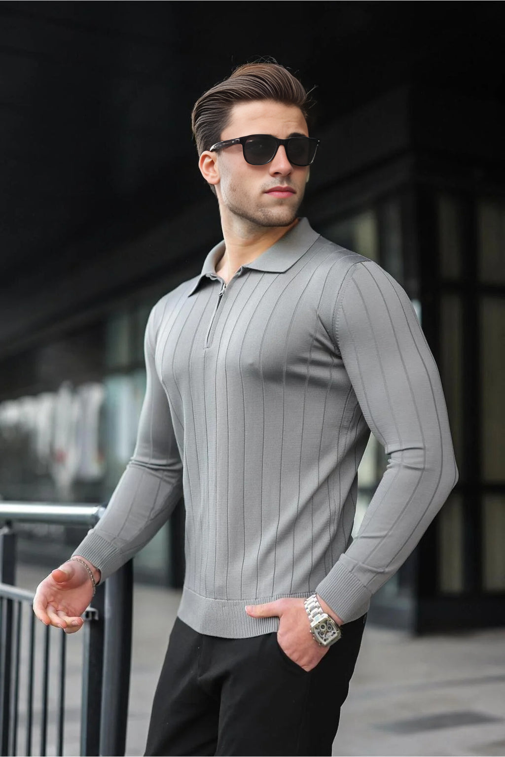 Polo Collar Zippered Knit Sweater