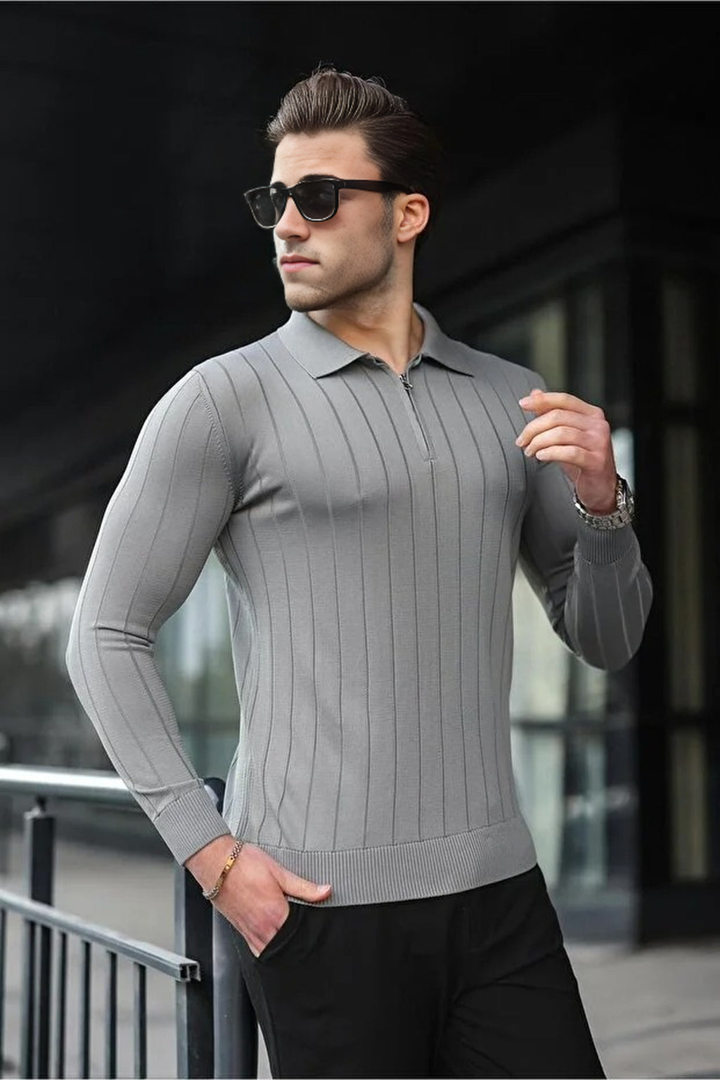 Polo Collar Zippered Knit Sweater