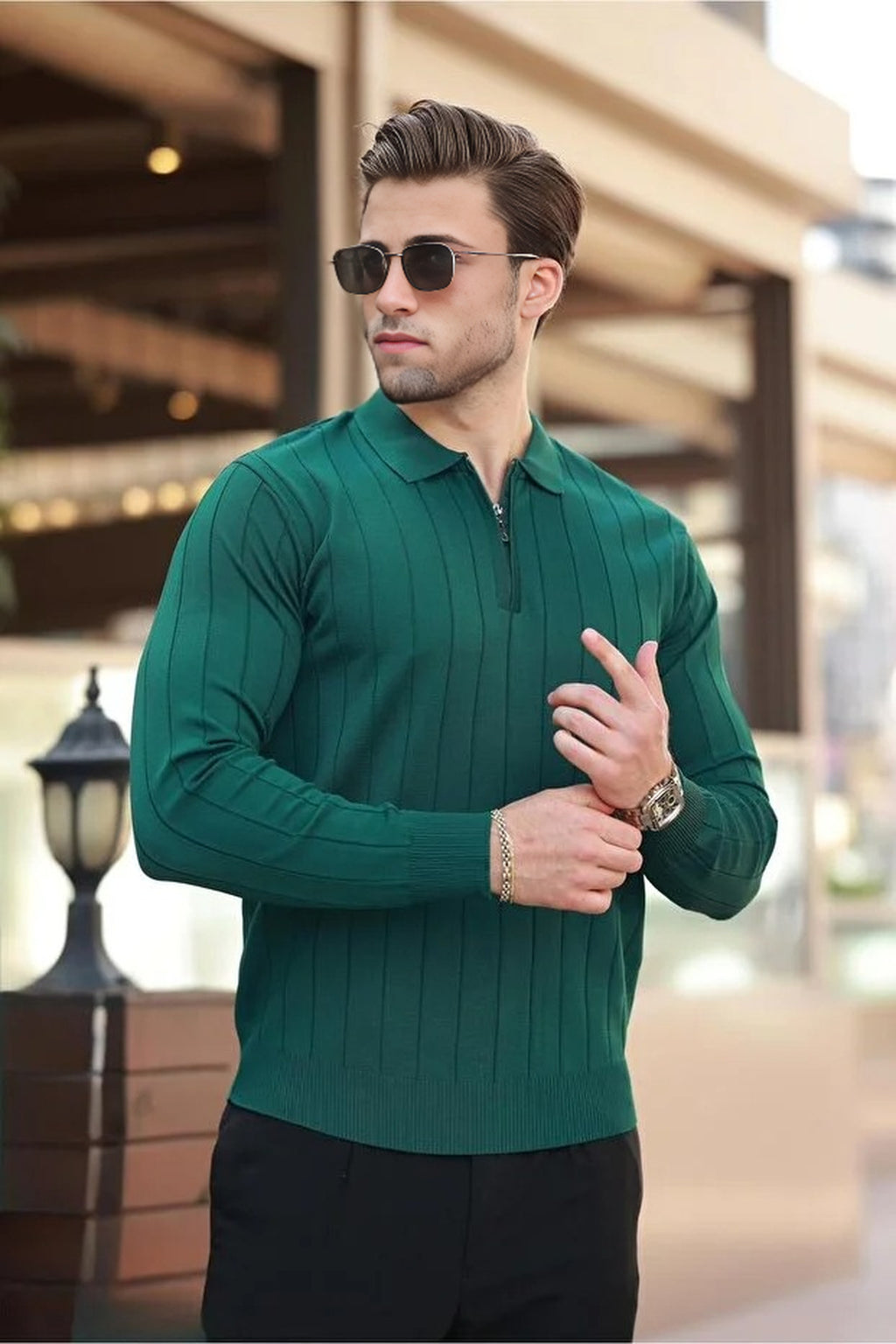 Polo Collar Zippered Knit Sweater