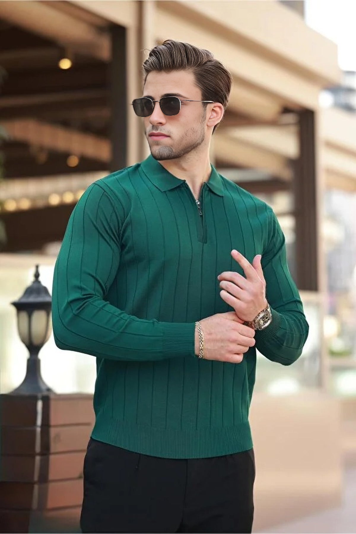 Polo Collar Zippered Knit Sweater